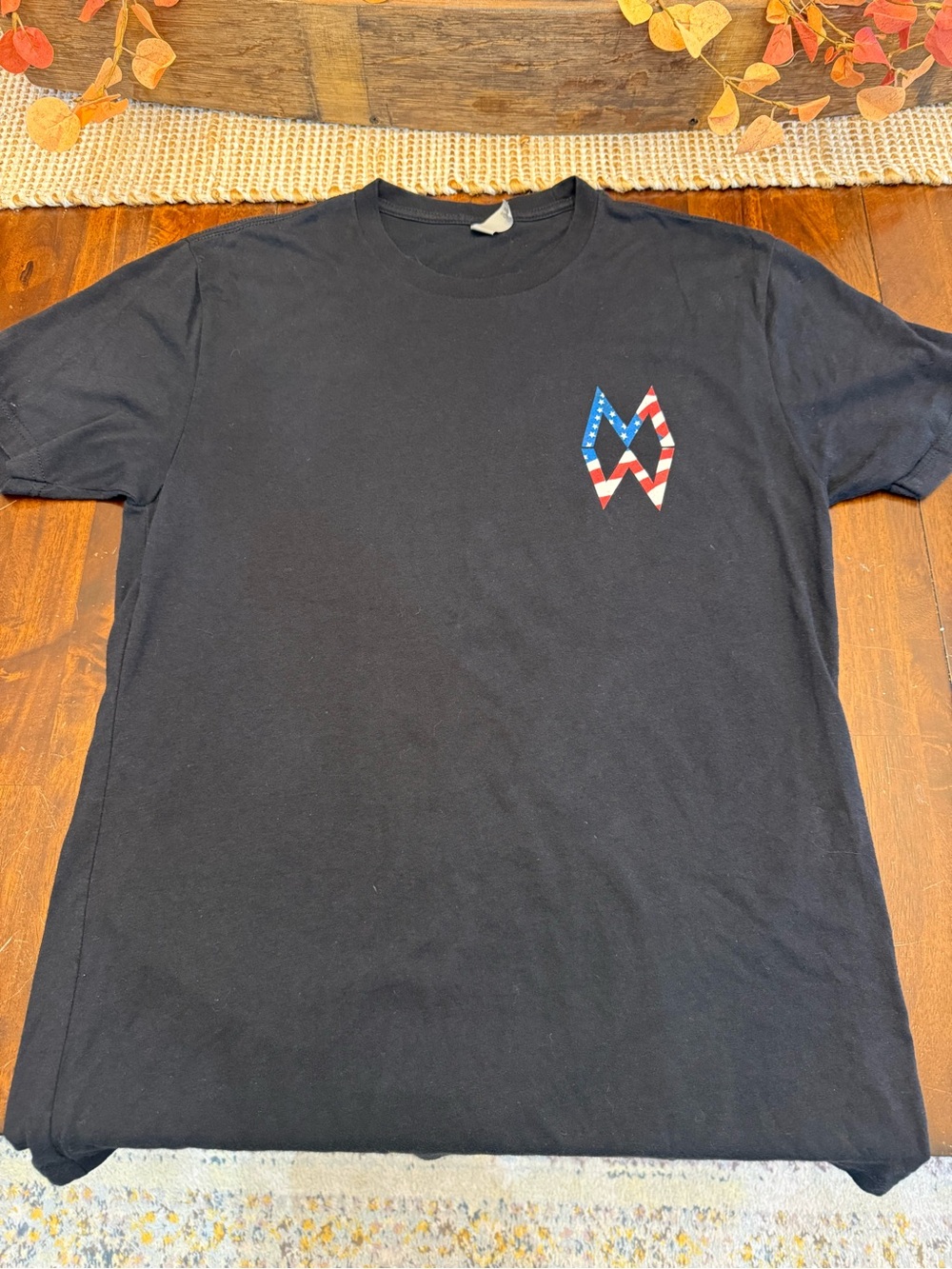 Black Crewneck T‑Shirt with American Flag Accent